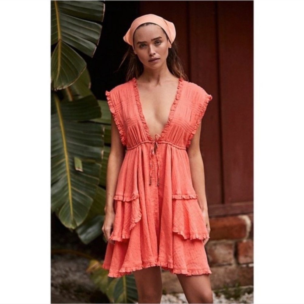 Free People Coral Mini Dress with Tiered Ruffles